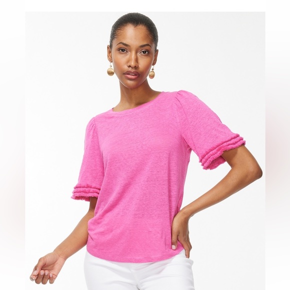 Chico's Tops - Chico’s Pink Linen Fringe Sleeve Tee, Size 3 (16-18), Fringe Hem on Sleeves